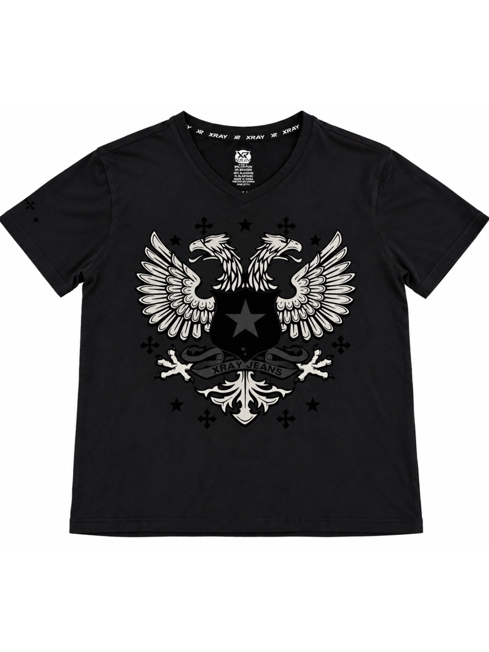 X-RAY JEANS Black White Double Eagle Crest Graphic T-Shirt Unisex Y2K 2000s